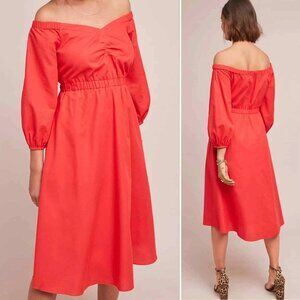 Anthropologie Klara off-shoulder midi dress bright red puff sleeve fit & flare
